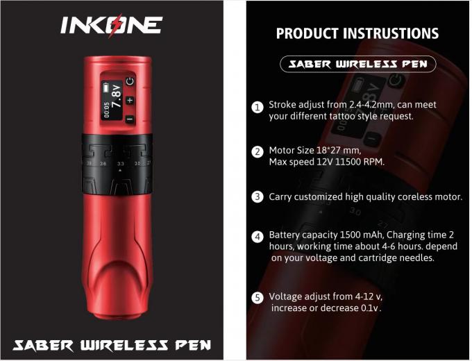 1500mAh 무선 문신 총 INKONE SABER 무심각 문신 머신 펜 강력 모터 장거리 4.2mm 항공기 알루미늄 9